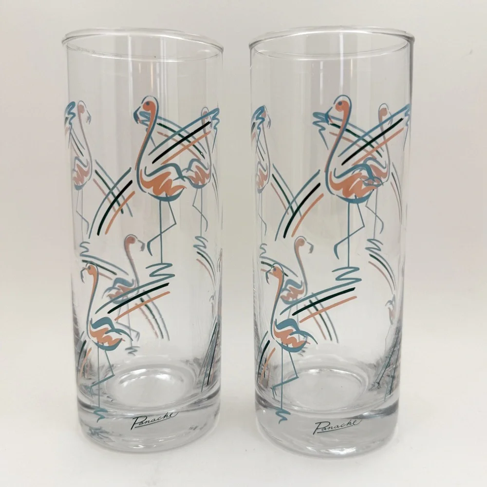 Vintage MCM 1960s Panache Flamingo Tumbler Highball Bar Glasses Set of 2